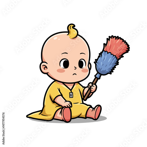 Cute baby sitting with a duster toy in hand, displaying a curious expression in a playful setting
