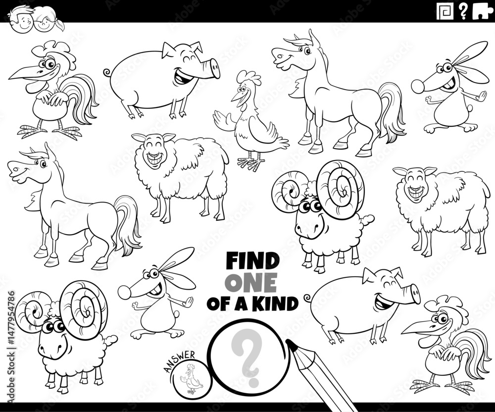 one of a kind puzzle with cartoon farm animals coloring page