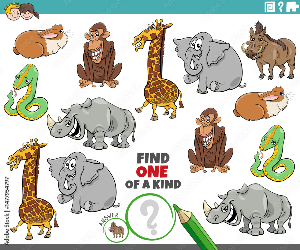 one of a kind puzzle activity with funny cartoon animals