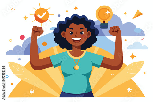 Joyful woman celebrating achievement in a vibrant outdoor setting with foliage and bright colors