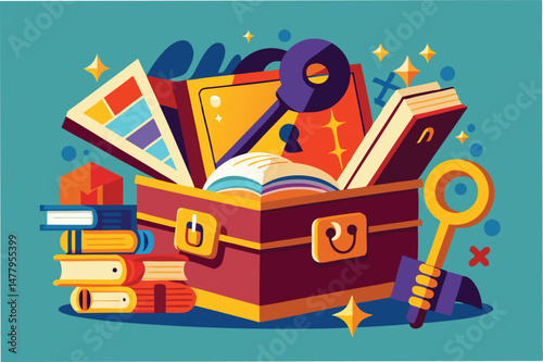Discover secrets in a treasure chest surrounded by books and tools, perfect for creativity and imagination, ideal for educational and artistic themes