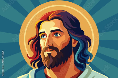 Vector illustration depicting a serene figure with long hair and a beard, set against a circular background, showcasing a calm and compassionate expression