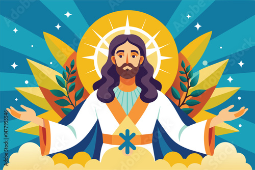 Vector illustration featuring a divine encounter between Jesus and a woman against a radiant sunlit background with colorful clouds and mountainous terrain