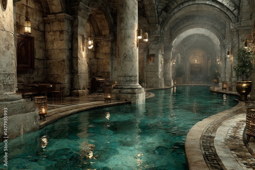 Fototapeta premium Luxurious Indoor Pool with Ancient Architecture and Warm Lighting
