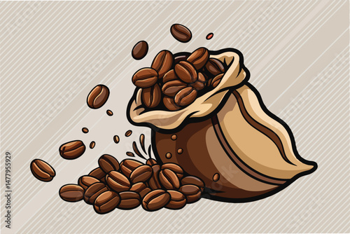 Coffee beans spilling from a burlap sack with splashes of ground coffee in a vibrant vector illustration showcasing the rich aroma and texture of fresh coffee