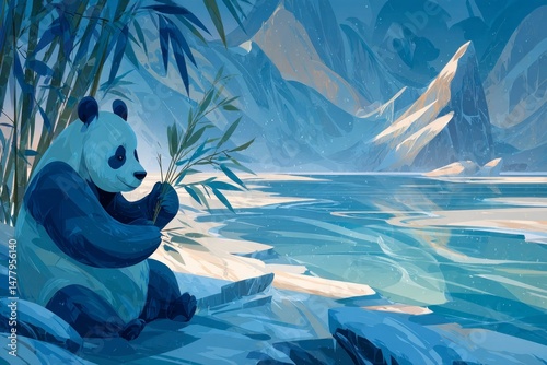 Panda in a Serene Bamboo Forest by the Waterfront