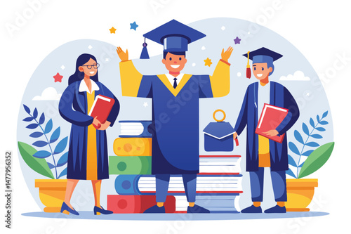Celebration of academic achievement featuring graduates holding a trophy and books against a colorful backdrop with symbols of education and success photo