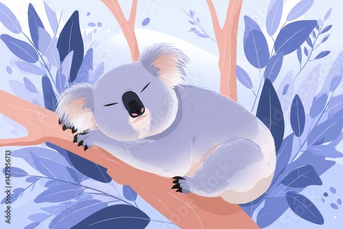 A cozy marsupial resting on a tree branch surrounded by lush foliage