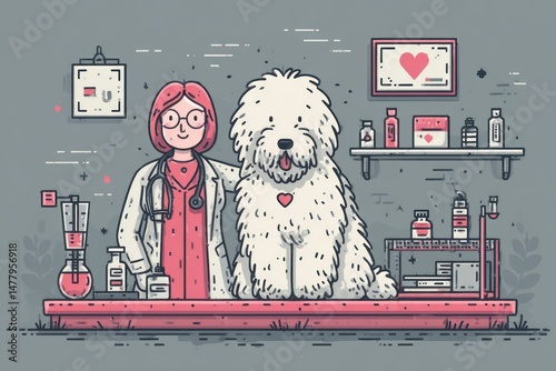 Veterinarian with Fluffy Dog in Clinic Setting Medical Care and Animal Friendship