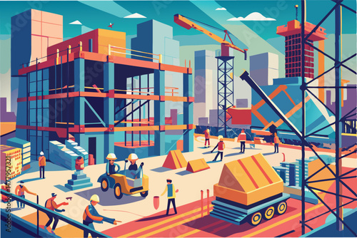 Construction site vector illustration showcasing workers, machinery, and urban skyscrapers during a bright and busy day in a modern cityscape