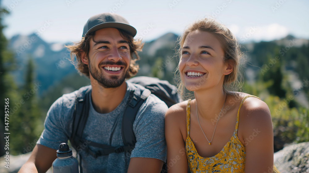 Fototapeta premium Couple Enjoying Scenic Mountain View on a Hiking Adventure