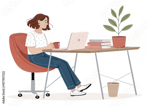 woman working on laptop at desk illustration with coffee isolated on white background.