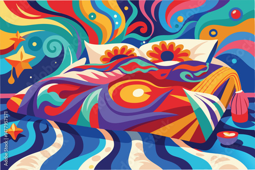 Colorful vector illustration of a whimsical bedroom featuring a vibrant bedspread, decorative pillows, and swirling patterns reminiscent of a dreamy atmosphere