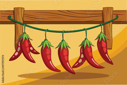 Hanging red chilies on a wooden rack with a warm background in a kitchen setting, showcasing a traditional culinary element for spice lovers
