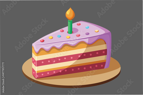 Colorful slice of cake with frosting, candle, and sprinkles on a wooden plate for a festive celebration or birthday party