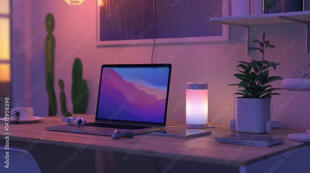 A desk setup with a laptop, lamp, plant, headphones, and other accessories in a cozy room A desk setup with a laptop, lamp, plant, headphones, and other accessories in a cozy room