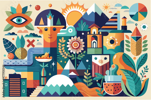 Vibrant vector illustration showcasing a harmonious blend of nature, architecture, and abstract elements in a lively, colorful composition