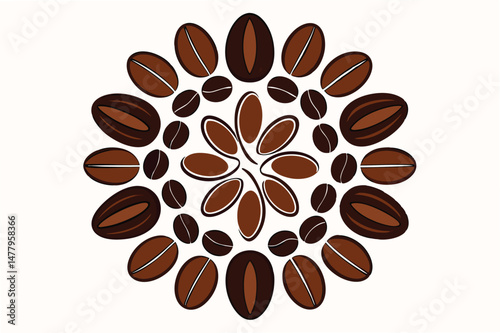 Symmetrical design featuring an intricate arrangement of coffee beans in various shades of brown showcasing a floral pattern suitable for coffee lovers