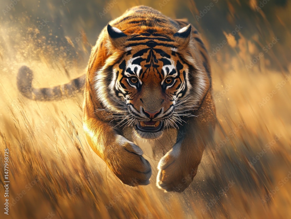 Fototapeta Tiger running through golden grass