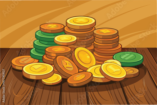 Colorful collection of vector coins stacked on a wooden table showcasing various shapes and sizes in a lively clipart illustration
