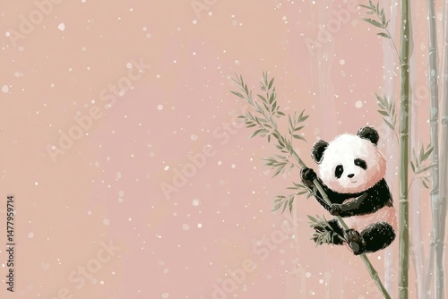 Charming Panda on Bamboo in a Soft Pink Winter Wonderland