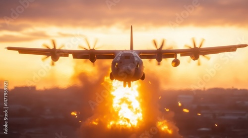 Military aircraft taking off, large transport plane with powerful engines igniting flames, dramatic sunset backdrop, action theme. photo