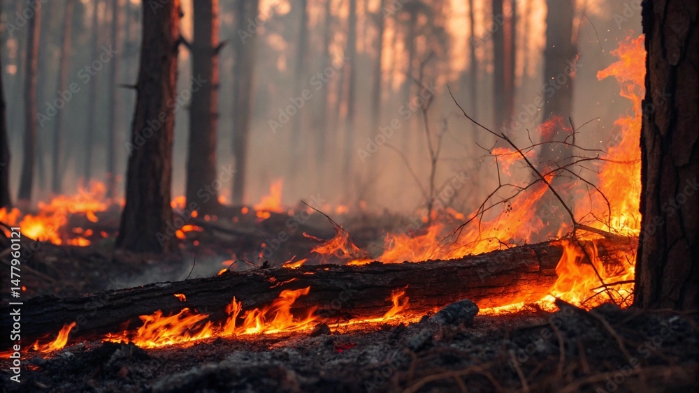 Smoke billows as a fire consumes a forest floor with burning logs, emphasizing the raw power and widespread impact of a wildland fire.
Smoke billows as a fire consumes a forest floor with burning logs, emphasizing the raw power and widespread impact of a wildland fire.