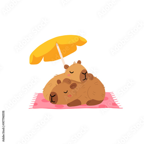Couple Capybaras lying under umbrella. Cute summer capybara. Flat vector illustration isolated on white background.