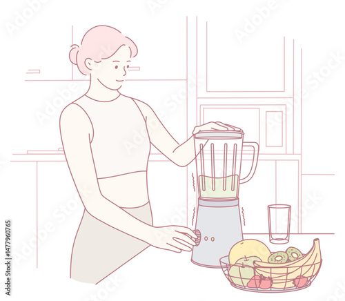 A woman is expertly blending a vibrant mix of fresh ingredients to create a nutritious smoothie in her kitchen