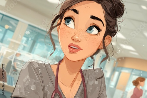 Illustrative Portrait of a Woman with Freckles in a Modern Setting