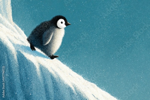 Curious Penguin Chick on Snowy Slope in Winter Wonderland