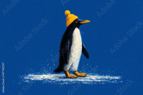 Penguin Wearing a Yellow Beanie on a Blue Background Winter Animal Illustration Cute and Whim