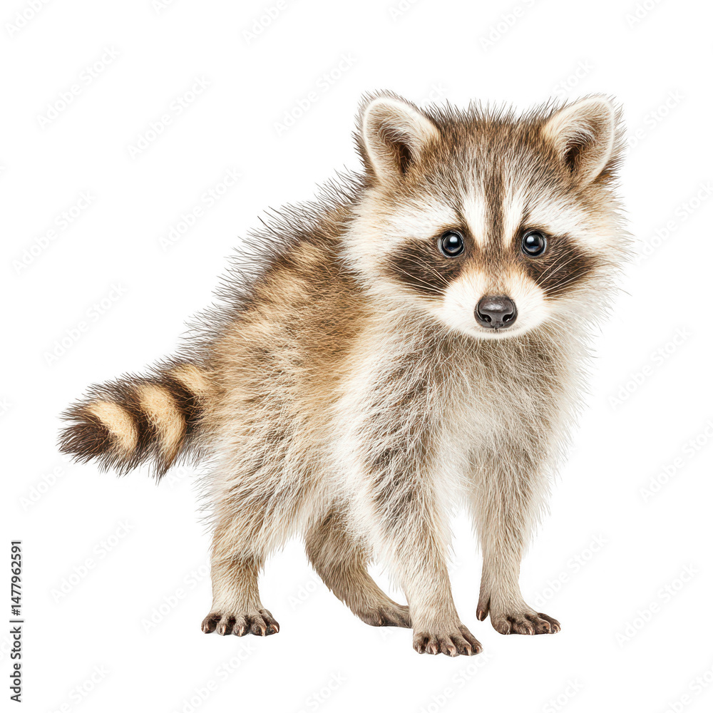 Fototapeta premium A cute baby raccoon looks at the camera isolated against a white background.