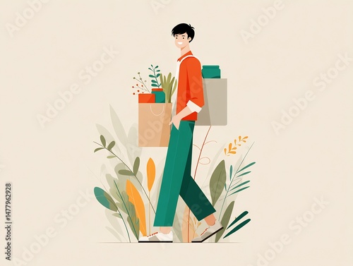 Trendy shopper with sustainable goods surrounded by lush botanical elements