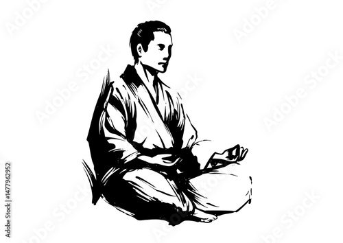 Zen Meditation in Ink Brush Style – Traditional Japanese Sumi-e Art