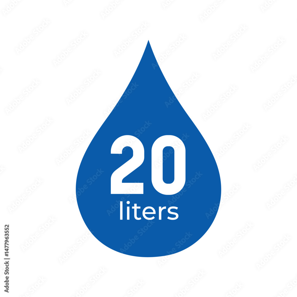 water drop icon with 20 liters text, blue droplet symbol for liquid measurement, hydration and fluid capacity water drop icon with 20 liters text, blue droplet symbol for liquid measurement, hydration and fluid capacity