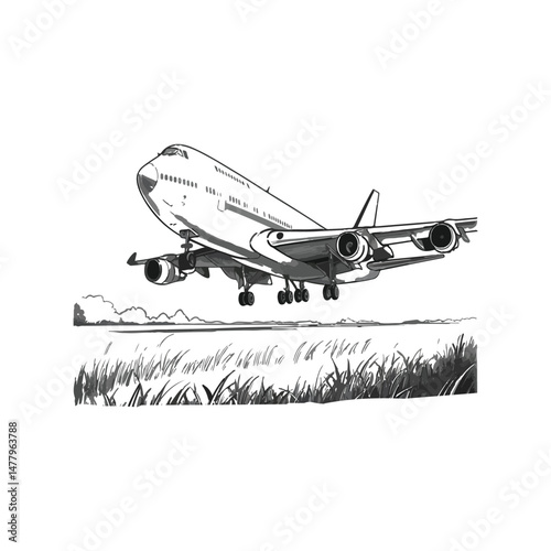 Pencil sketch of a commercial passenger airplane landing on a grassy field, realistic, black and white.