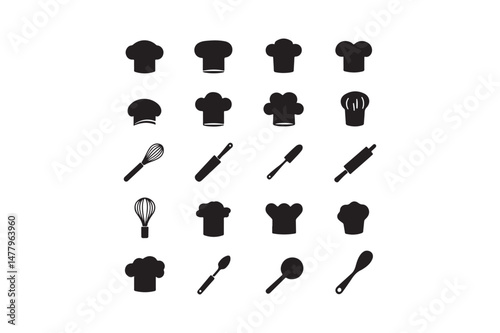 Chef Hat and Kitchen Utensils Icons Cooking Silhouette Vector Set