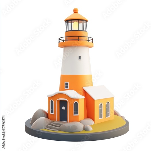 Colorful lighthouse structure on a small island. photo