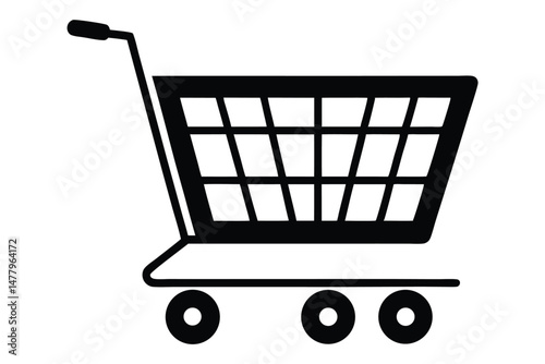 Simple Black Shopping Cart Icon with Handle and Wheels Illustration