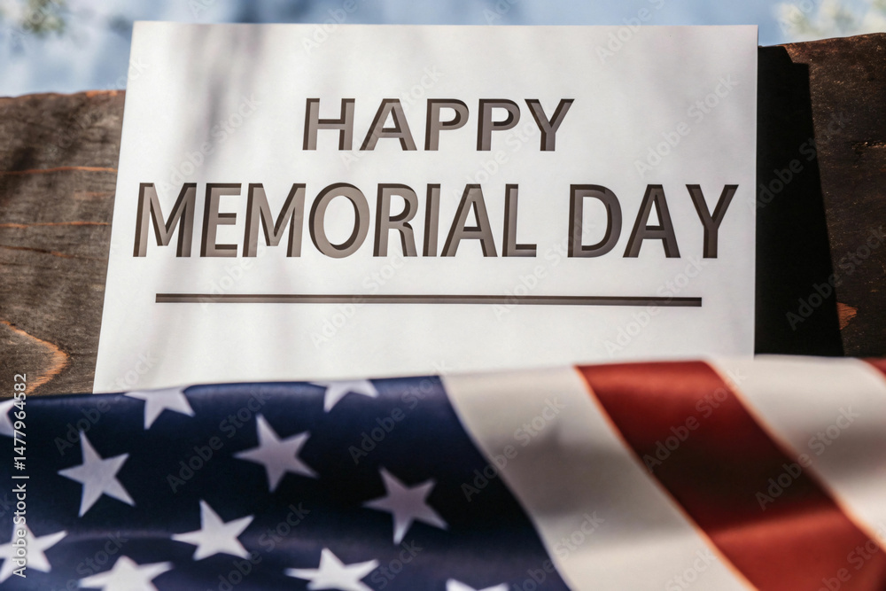 Fototapeta premium Memorial Day Sign with American Flag on Wooden Background