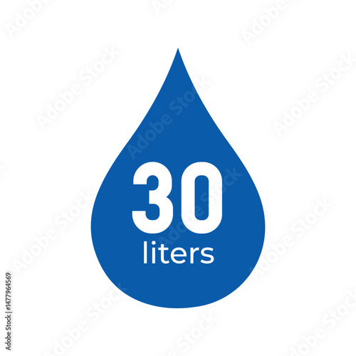 water drop icon with 30 liters text, blue droplet symbol, liquid measurement, volume indicator