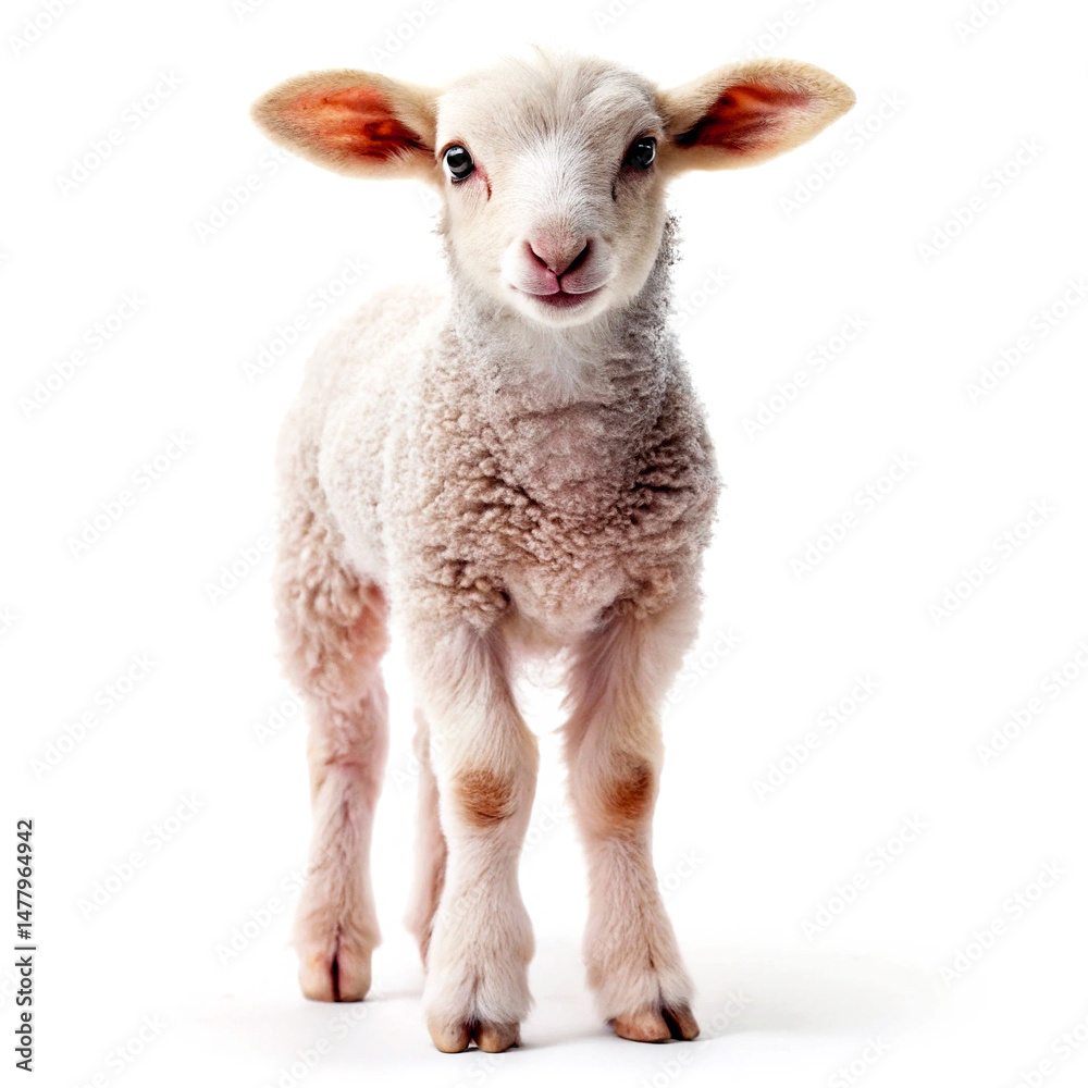 Fototapeta premium A full shot of a fluffy white lamb standing on a white background looking forward