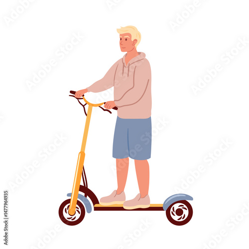 A young blond man dressed in a casual beige hoodie and blue shorts rides a vibrant yellow scooter, radiating a sense of adventure and fun. He glides effortlessly , enjoying the moment.