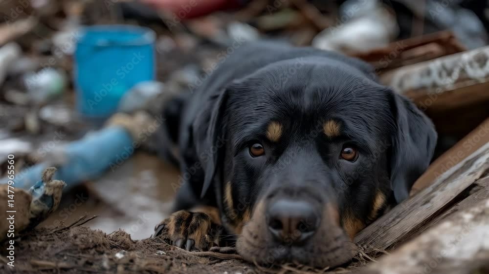 Close-up of a sad dog in debris, a Rottweiler lying in a damaged environment, looking distressed after disaster or catastrophe, destruction aftermath.