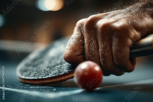 Closeup of a hand gripping a ping pong paddle ready to strike a ball