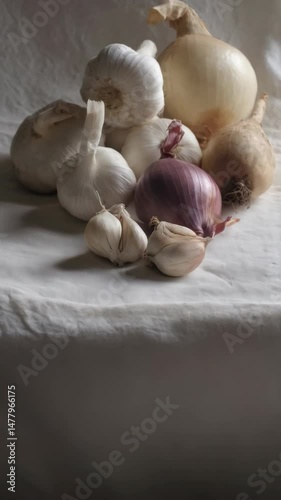 Still life of fresh garlic bulbs, red onion, and yellow onion, on a white fabric in soft, natural lighting.