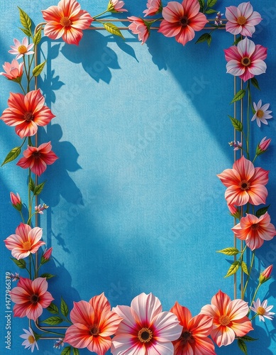Floral Frame Coral and Pink Flowers on Textured Blue Background