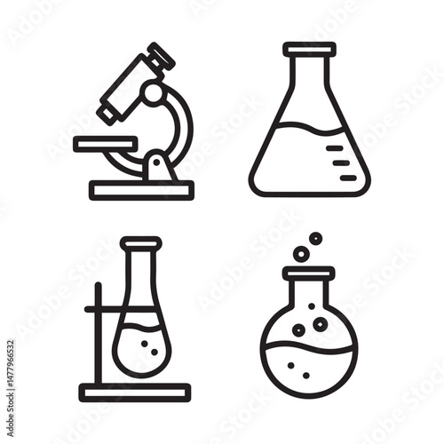 Science Lab Equipment Icons Microscope Erlenmeyer Flask and Boiling Flask Illustrations