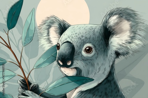 Charming Wildlife Portrait of a Furry Creature with Eucalyptus Leaves Ideal for Nature and Ani